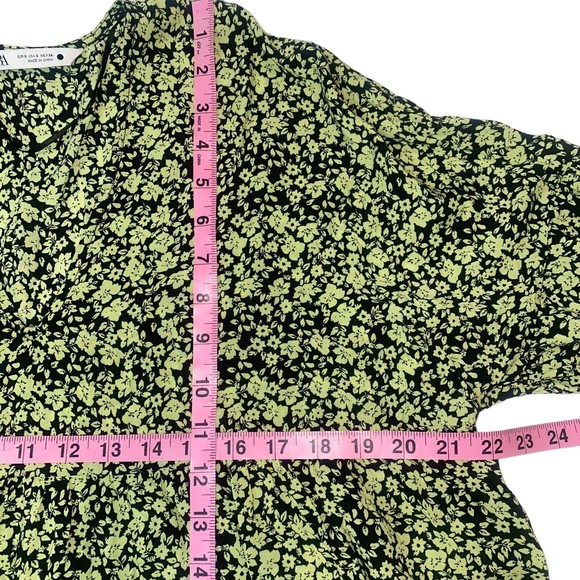 Zara Ditsy Floral Print Flowing Tiered V Neck Mini Dress Black Green Small - Picture 9 of 13
